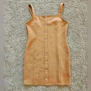 Sleeveless Suede-Look Polyester & Elastin Tan Jumper Dress, Size Medium